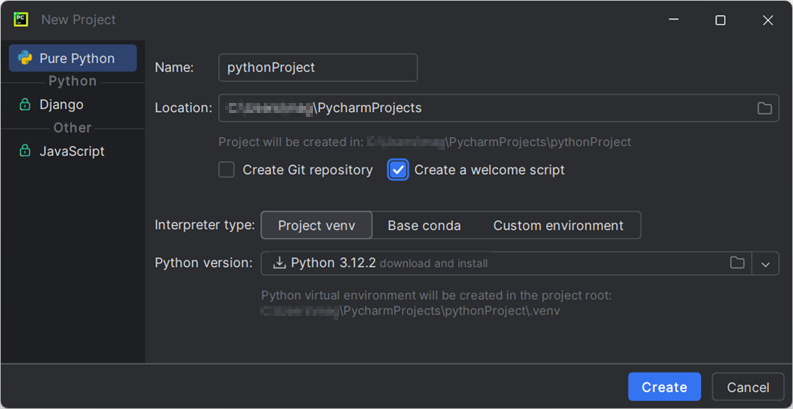 Fig. 292: New project in PyCharm
