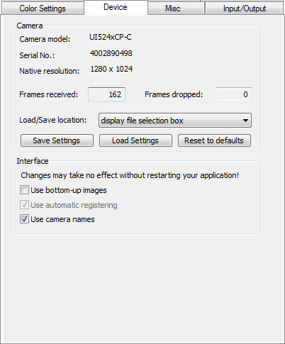 Fig. 15: Properties of the uEye Capture filter: Device