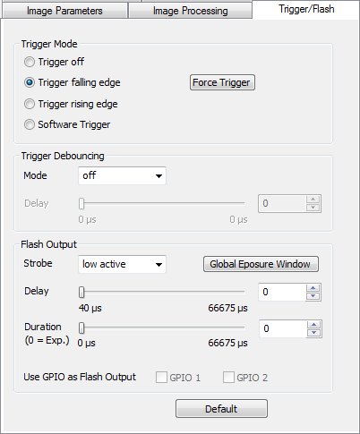Fig. 13: Properties of the uEye Capture filter: Trigger/Flash