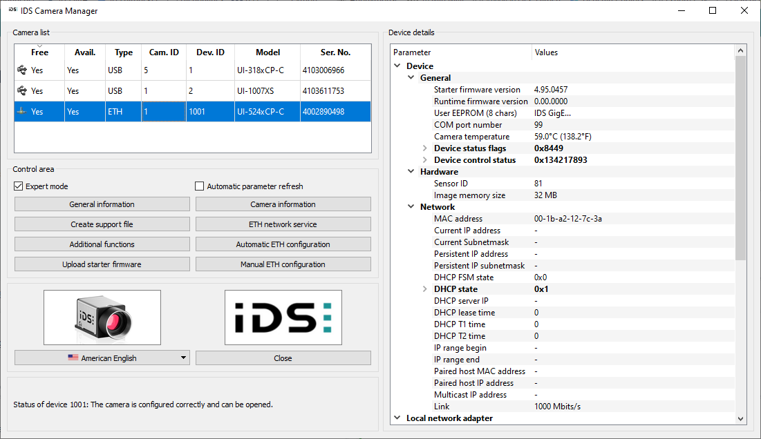 Fig. 1: IDS Camera Manager in expert mode